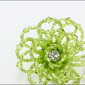 Seed Bead Flower Brooch Lime Green Rhinestone